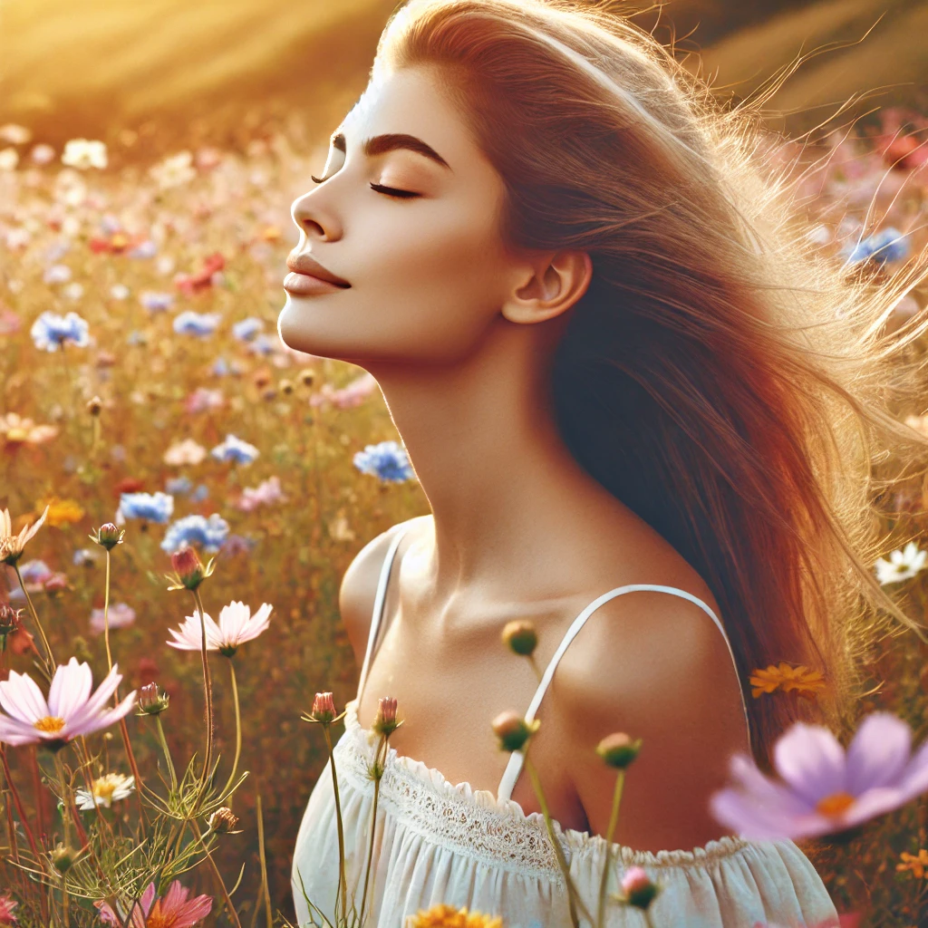 DALL·E 2025-03-17 19.03.59 - A woman standing in a field of wildflowers, eyes closed, feeling the breeze on her face. The scene is filled with golden sunlight, pastel flowers, and